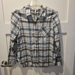 Kuhl Women's Hadley Plaid Long Sleeve Hidden Brown White Blue Large Cabincore